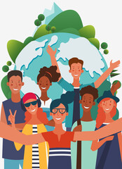 Group of young people taking a selfie and laughing. Eco friendly ecology concept. Nature conservation vector illustration. Holidays time, vacation, recreation and travel vector design