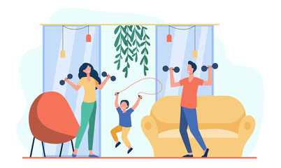 Happy family training together flat vector illustration. Cartoon active people doing strength exercise in living room. Wellness and workout at home concept
