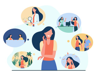 Positive girl and her life memories isolated flat vector illustration. Cartoon woman thinking about important past scenes. Psychology, youth and personality concept