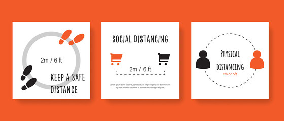 Fototapeta premium Social distancing awareness social media post templates with illustrative icons showing how to properly comply with pandemic security measures