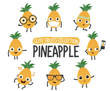 Cute pineapple cartoon characters set.To see the other vector fruit cartoon illustrations , please check cute fruits collection.