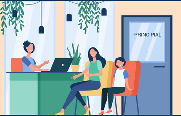 Unhappy mom talking with angry principal director about son isolated flat vector illustration. Cartoon parent sitting in principal room. Education, school and family control concept