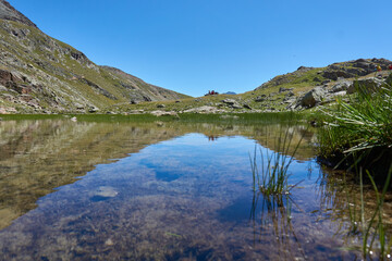 kleiner Bergsee Teich mit klarem blauem Wasser und grünen Pflanzen in den Bergen Alpen beim Wandern
