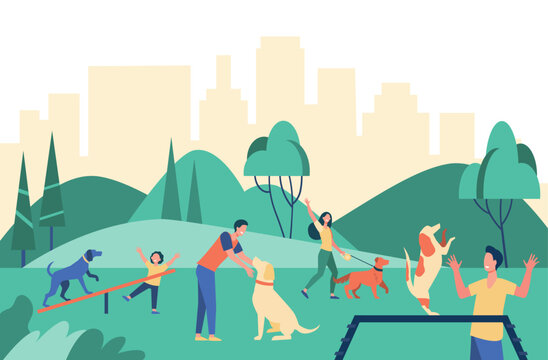 Happy people walking with dogs at city park isolated flat vector illustration. Cartoon characters training their pets in special area. Animals and outdoor activity concept