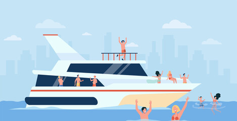 Cheerful people sailing on luxury boat isolated flat vector illustration. Cartoon character relaxing on yacht cruise. Yachting, sea and summer vacation concept