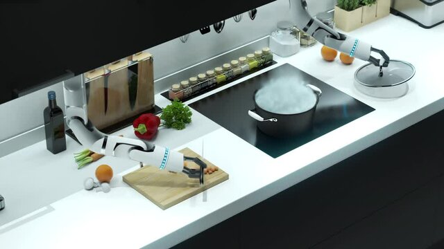 Robotic hands prepare soup. Cut the mark, throw it into boiling water.