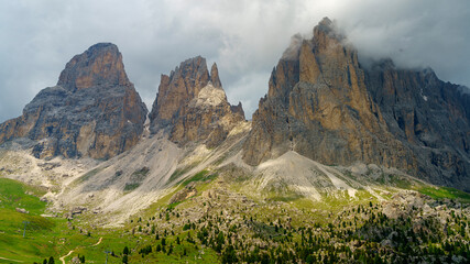Mountain landscape along the road to Sella pass, Dolomites