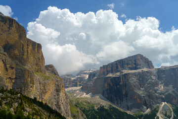 Fototapeta na wymiar Mountain landscape along the road to Sella pass, Dolomites