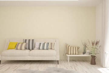 White living room with sofa. Scandinavian interior design. 3D illustration