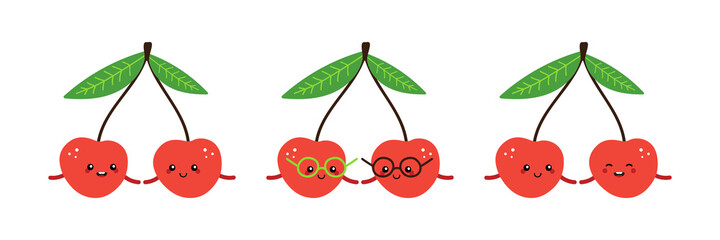 Set, collection of cute and happy cartoon style red cherry characters for healthy food, vegan and cooking design.