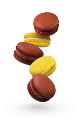 Lemon yellow and chocolate macaroons fly over white background. Beautiful macaroons