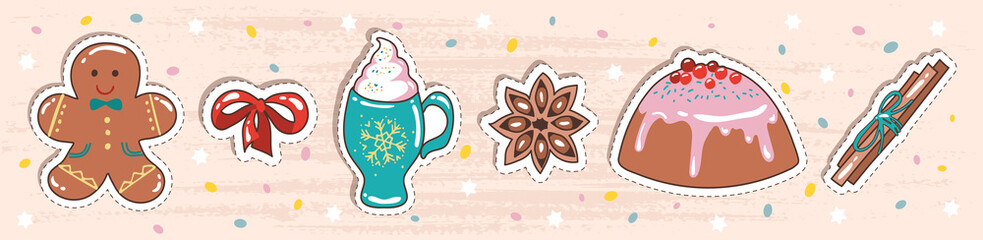 Vector set of hand-drawn stickers for winter sweets. Cartoon patches in the concept of dessert, drinks, baking. Hand-drawn gingerbread man, sweet drink, cinnamon sticks,star anise, cupcake