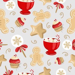 Christmas and New year festive seamless pattern for wrapping paper or fabric with different elemets. Fashionable vintage style.