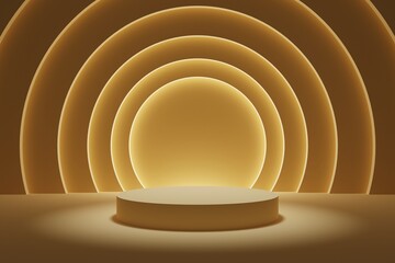 Gold background tunnel podium with glowing architectural elements 3d illustration
