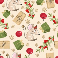 Seamless pattern with Christmas elements and Mouse. Vector illustration. Printing on paper and fabric.
