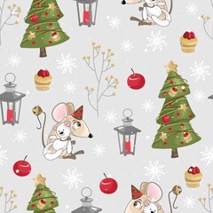 Seamless pattern with Christmas elements and Mouse. Vector illustration. Printing on paper and fabric.