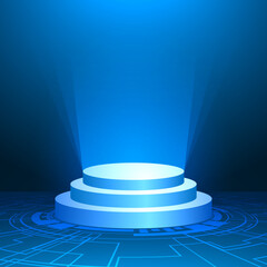 podium with blue light, blue minimal background, geometric shape, technology digital circuit board
