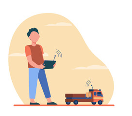 Boy playing with radio controlled toy. Truck, car, remote control flat vector illustration. Childhood, activity, fun concept for banner, website design or landing web page