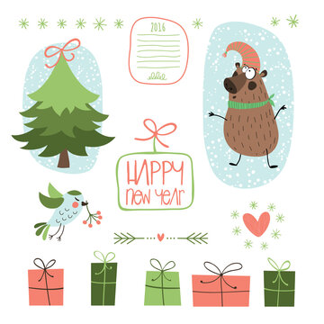 A collection of Christmas and New Year elements with bear,   bird, tree, gifts, viburnum and garlands. Symbols of Christmas. For your design of cards, greetings, invitations, labels. Vector flat illus
