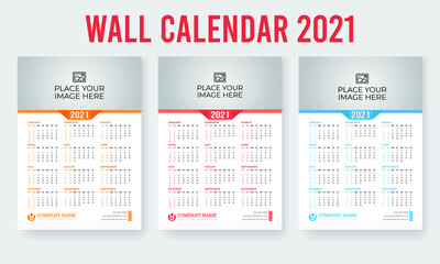 One Page Wall Calendar 2021 Design with 3 color variation