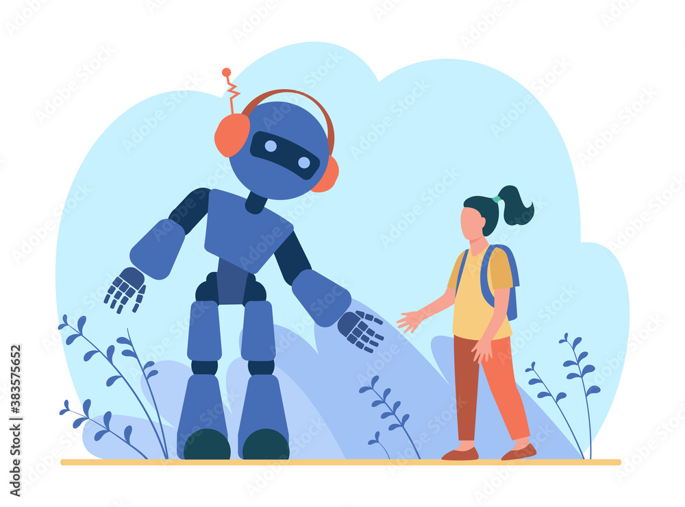 Poster girl talking to robot. humanoid, cyborg, machine flat vector illustration. robotics class, artificia