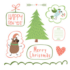 Christmas set with bear, bird, tree, hearts and lettering.