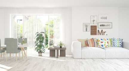 White living room with sofa and summer landscape in window. Scandinavian interior design. 3D illustration