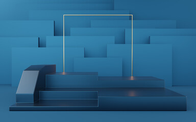 Empty blue cube podium and gold square on blue box background. Abstract minimal studio 3d geometric shape object. Mockup space for display of product design. 3d rendering.