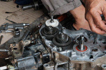 Motorcycle engines awaiting maintenance and engine repair.