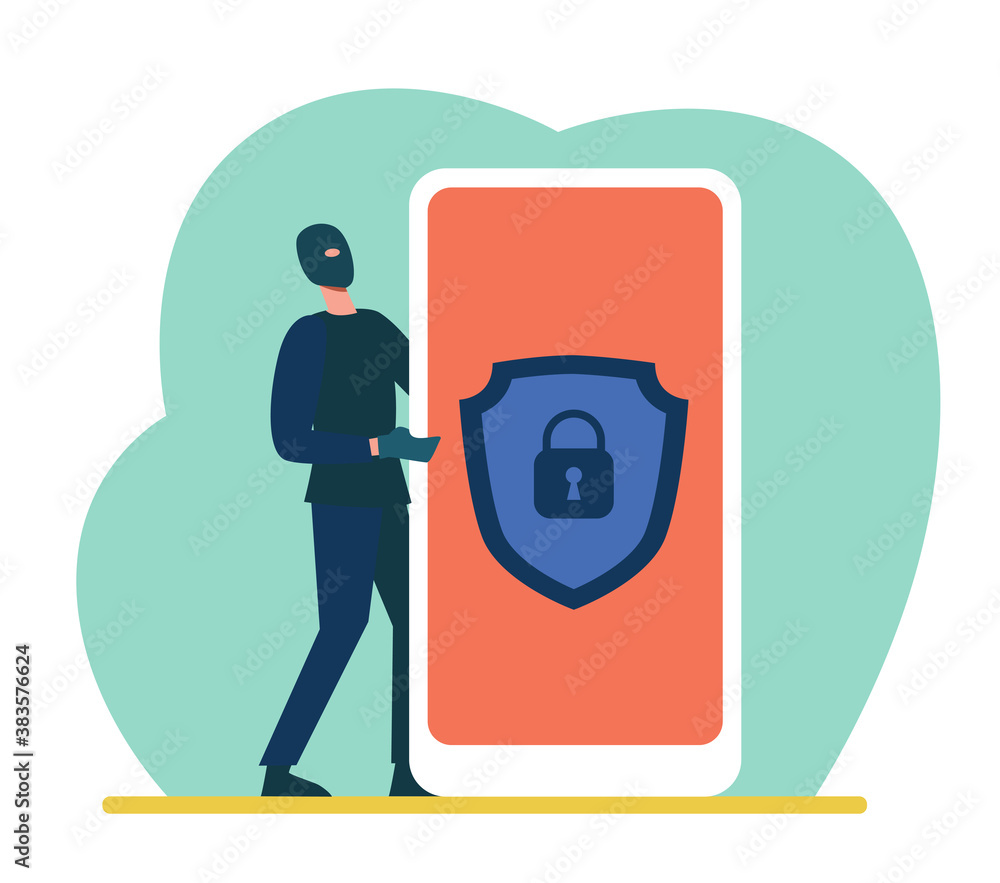 Poster data protection on mobile phone. hacker stealing personal data flat vector illustration. hacking, fr