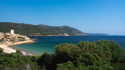 Naklejka na ściany i meble Beautiful sea and bay on Chia beach and view of Torre del Budello, Sardinia island, Italy