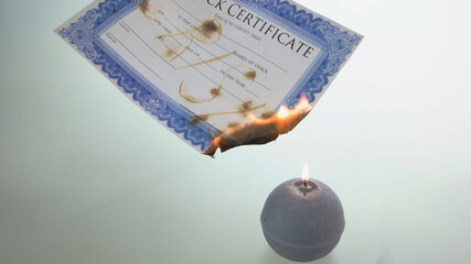 Burning stock certificate. Round candle with flame.
