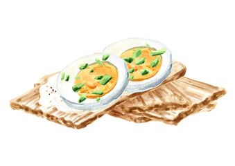 Crispbreads with eggs. Watercolor hand drawn illustration, isolated on white background