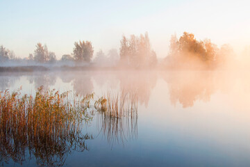 Autumn fog in the morning on the river