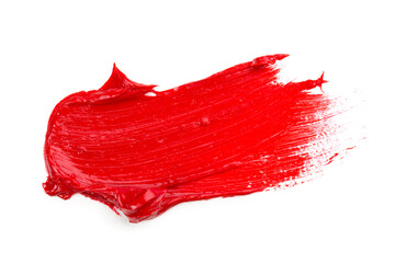 Red colored brush stroke paiting over isolated background, canvas watercolor texture, red lipstick smudge