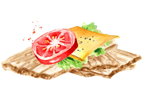 Crispbreads with with tomato and cheese. Watercolor hand drawn illustration, isolated on white background