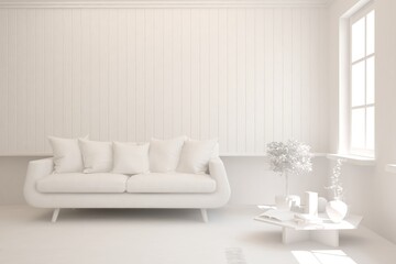 Fototapeta premium White minimalist living room with sofa. Scandinavian interior design. 3D illustration