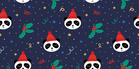 Seamless christmas pattern with pandas in hats, mistletoes, stars, snowflakes and confetti. Colorful vector illustration for textile, wrapping paper, scrapbooking