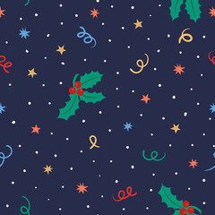 Christmas seamless pattern with mistletoes, stars, dots and confetti. Vector colorful background.	