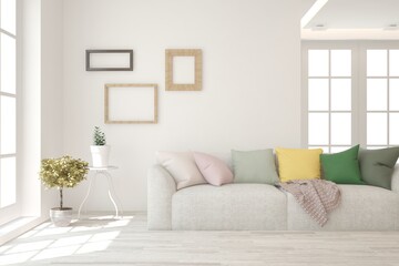 White living room with sofa. Scandinavian interior design. 3D illustration