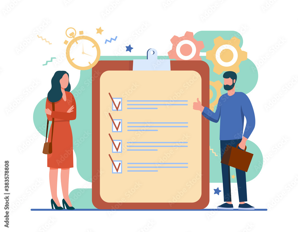 Poster managers with task list. employees standing at checklist and timer, making thumb up flat vector illu