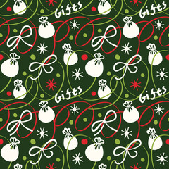 Seamless Christmas pattern with streamers, gifts and confetti.
