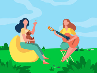 Female friends and pet relaxing outdoors. Women playing guitar and singing outdoors flat vector illustration. Camping, recreation, leisure concept for banner, website design or landing web page