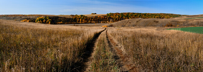 Panoramic landscape of central Russia agricultural countryside with hills and country road. Autumn landscape of the Samara valleys. Russian countryside. High resolution file for large format printing.