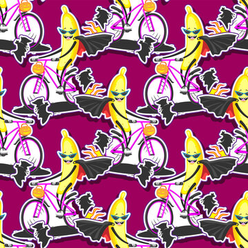 seamless pattern cartoon banana in sunglasses raincoat bat on bike rides Halloween, vector image