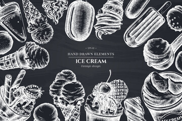 Monochrome design with chalk ice cream bowls, ice cream bucket, popsicle ice cream, ice cream cones, ice cream scoop, ice cream balls