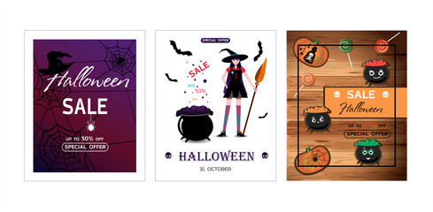 Halloween Party Design template, with pumpkin, sweets, spiders, witches, cookies, balloons and sales information. Flyers for advertising. sales or parties. A set of bright illustrations for all saints