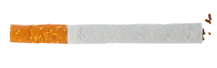 Broken cigarette isolated on white background close up