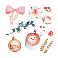 Fancy Christmas watercolor set isolated elements on white background