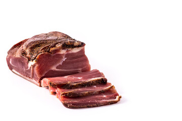 Dried and smoked meat isolated on white background.Copy space
